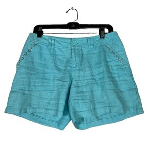 Inc Beach 100% Aqua Linen Shorts w/Rhinestones Summer Vacation Resortwear - Sz 4